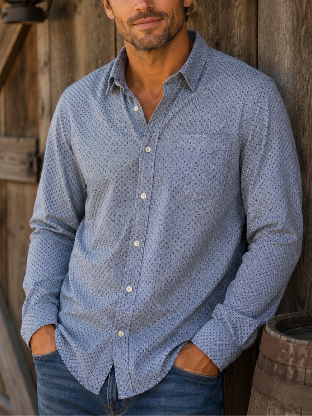 American Eagle Outfitters Men's Light Blue Microdot Button-Down Shirt